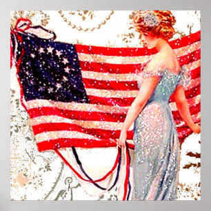 Poster Drapeau Dame Juillet 4 Patriotique Vintage carte p