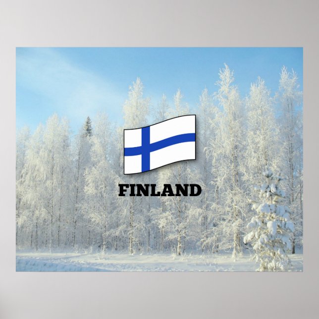 Poster Drapeau de Finlande, Pins couverts de neige (Devant)