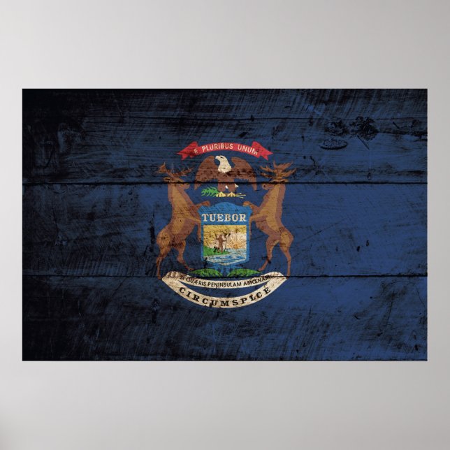 Poster Drapeau de l'État du Michigan sur le vieux grain d (Devant)