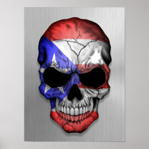 Poster Drapeau de Porto Rico sur un crâne en acier
