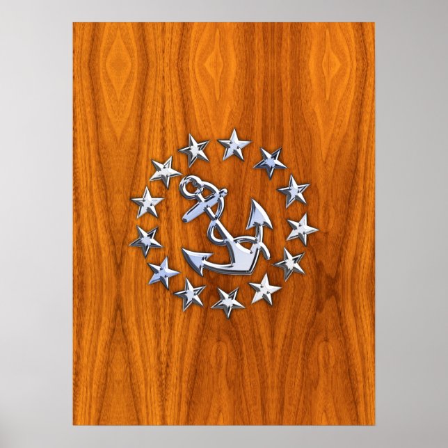Poster Drapeau de yacht d'argent sur bois de teck nautiqu (Devant)