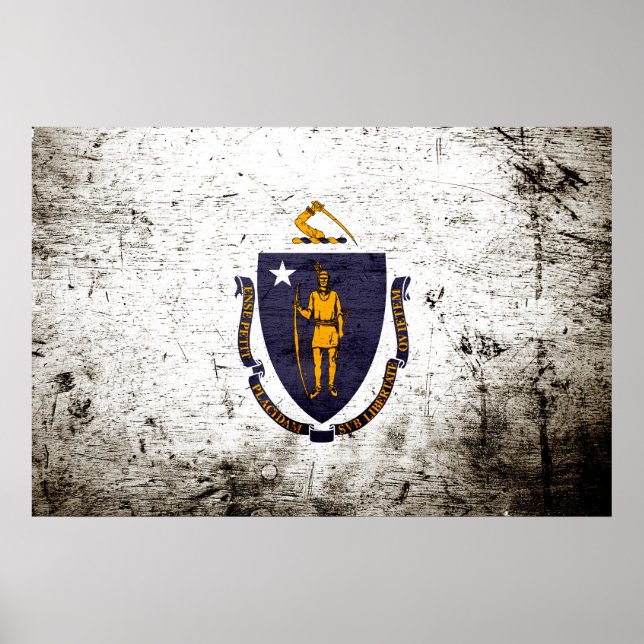Poster Drapeau d'État du Massachusetts de Grunge Noire (Devant)