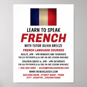 Poster Drapeau français en bois, Cours de français Advert