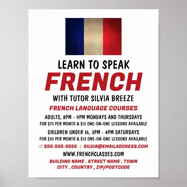Poster Drapeau français en bois, Cours de français Advert (Devant)