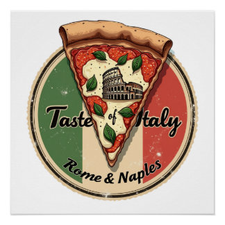 Poster Drapeau italien avec Vintage Rome & Naples Pizza