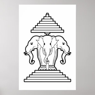 Poster Drapeau Lao / Laos Éléphant à Trois Têtes Erawan