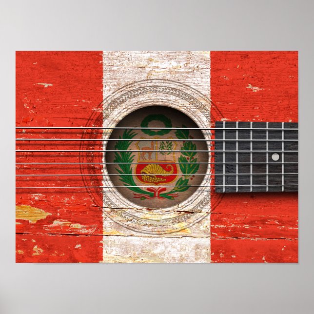Poster Drapeau péruvien sur la vieille guitare acoustique (Devant)