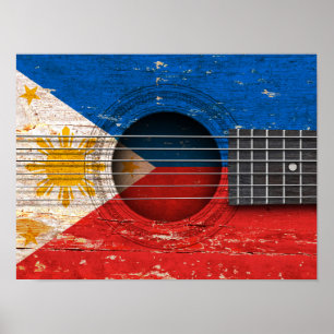 Poster Drapeau philippin sur la vieille guitare acoustiqu