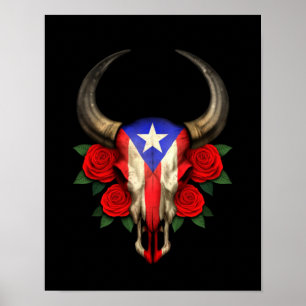 Poster Drapeau Porto Rico Taureau avec Roses rouges