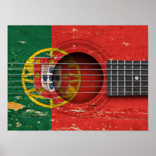 Poster Drapeau portugais sur la vieille guitare acoustiqu