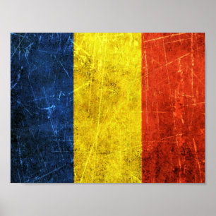 Poster Drapeau roumain vintage rayé et porté