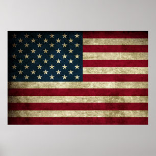 Poster Drapeau Rustique Américain 50 Étoiles en détresse 