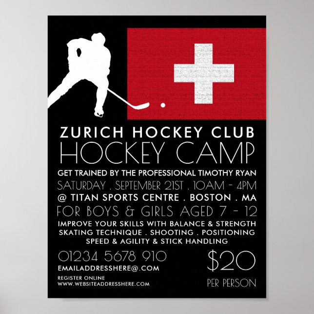 Poster Drapeau suisse, Joueur de hockey, Publicité de cam (Devant)