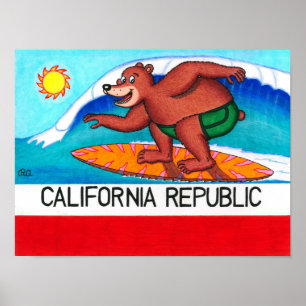 Poster Drapeau surfant d'ours de la Californie