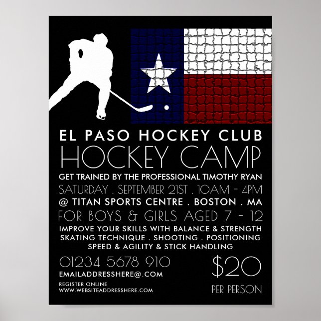 Poster Drapeau texan, Joueur de hockey, Publicité de camp (Devant)
