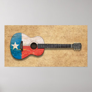 Poster Drapeau Texas vieilli et porté Guitare acoustique