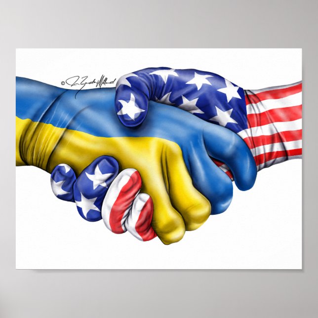 Poster Drapeau ukrainien et drapeau américain poignée de  (Devant)