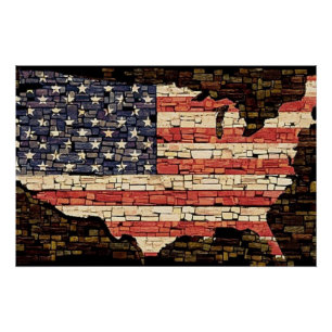 Poster Drapeau USA Patriotique Vintage Carreaux Étoiles e
