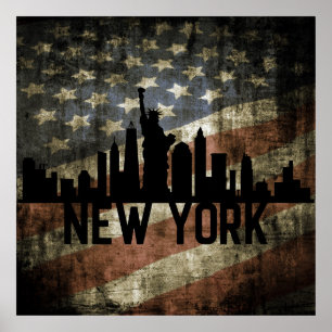 Poster Drapeau Vintage américain Patriotique New York Sky