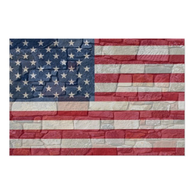 Poster Drapeau vintage Patriotique USA sur mur de pierre (Devant)