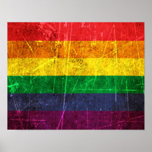Poster Drapeau vintage rayé et porté d'arc-en-ciel de gay