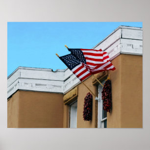 Poster Drapeaux américains volant sur Albuquerque Adobe