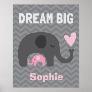 Poster Dream Big Little One - Eléphants gris et rose