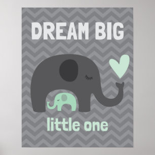 Poster Dream Big Little One - Eléphants gris et verts