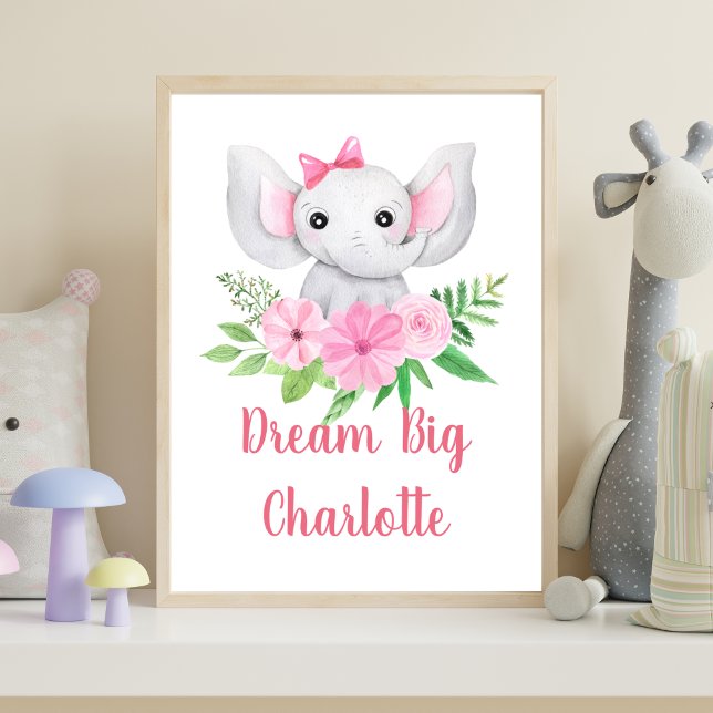 Poster Dream Big rose Elephant Baby Girl Nursery Wall Art (Pink Elephant Baby Girl Nursery Wall Art, Dream Big Personalized Baby Gift)