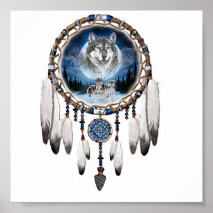 Poster Dream Catcher with wolf background