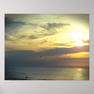 Poster Dream of Sunrise Surfer and Flying Bird Photo