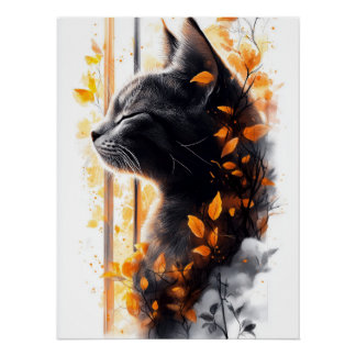 Poster Dreamy Cat dans une brise d'automne près de la fen