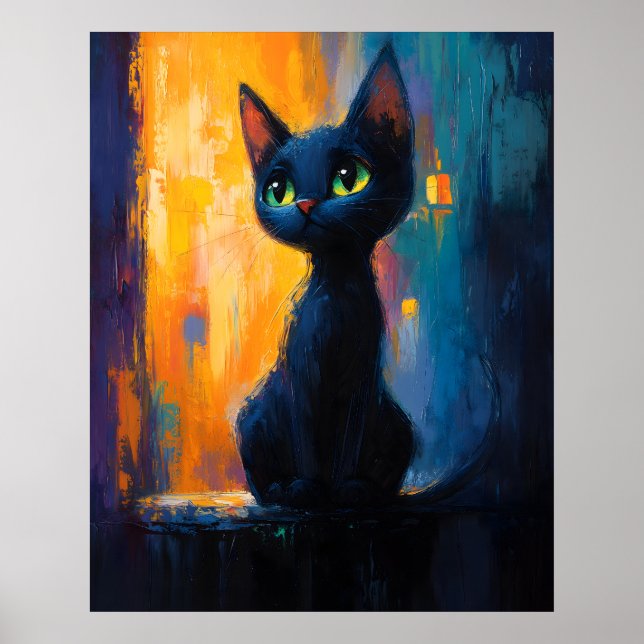 Poster Dreamy Kitten, Black Cat Painting (Devant)
