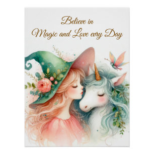 Poster Dreamy Nursery Art Witch Unicorn Aquarelle