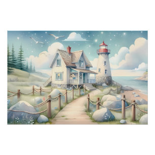 Poster Dreamy Pastel Lighthouse by the Sea