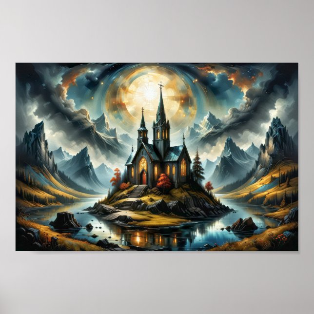 Poster Dreamy petite église de montagne sur un lac au cou (Devant)