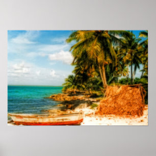 Poster Dreamy Tropical Beach avec Rowboat