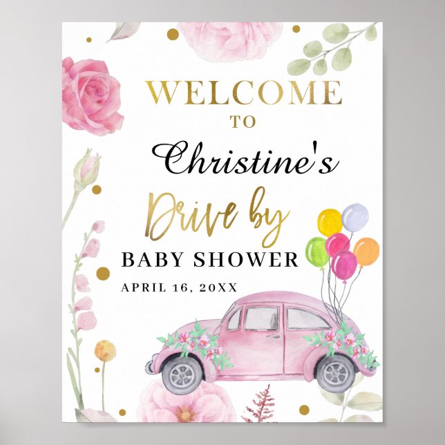 Poster Drive By Baby shower Parade Rose Floral Bienvenue (Devant)