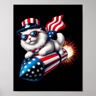 Poster Drôle 4 juillet Patriotic Cat Rocket avec Firewo