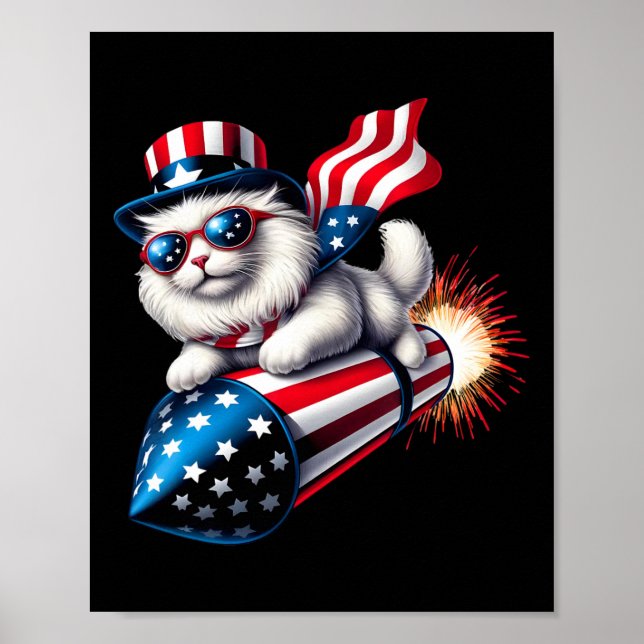Poster Drôle 4 juillet Patriotic Cat Rocket avec Firewo (Devant)