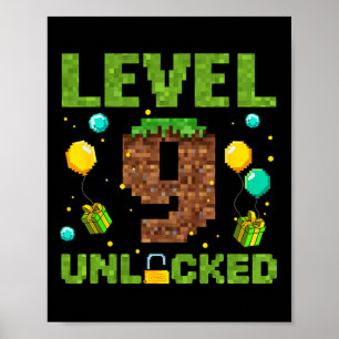 Poster Drôle 9e anniversaire garçon gamer niveau 9 débloq