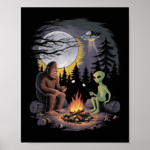 Poster Drôle Alien Et Bigfoot Randonnée Lune Sasquatch Uf