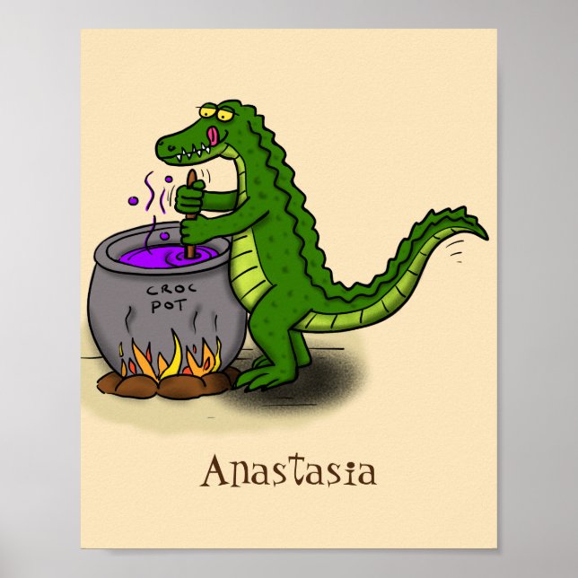 Poster Drôle alligator vert cuisine dessin animé (Devant)