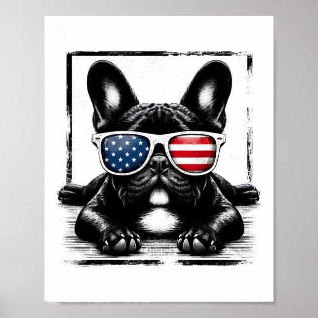 Poster Drôle Amusant Français Bulldog Drapeau Américain 4 (Devant)