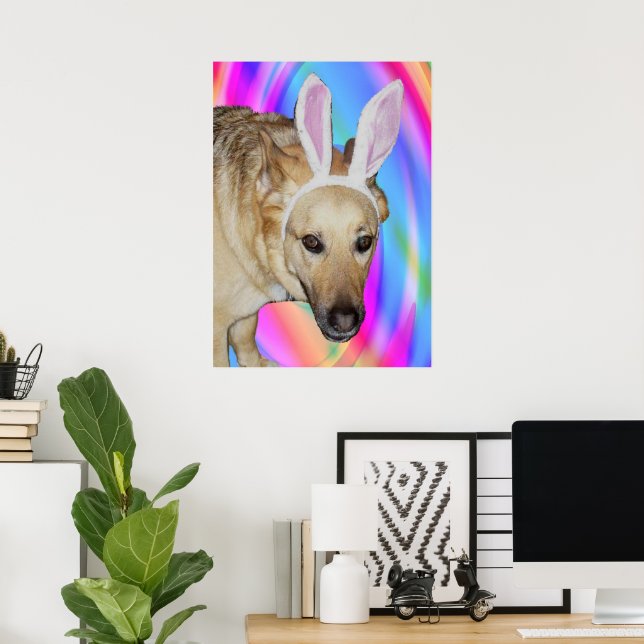 Poster Drôle Berger Allemand Chien & Oreilles Lapin Pâque (Bureau à domicile)