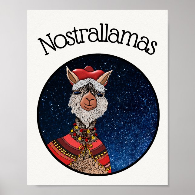 Poster Drôle blanc Kawaii Nostradamus Llama Dessin (Devant)
