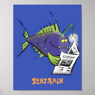 Poster Drôle caricature de poisson de pêcheur