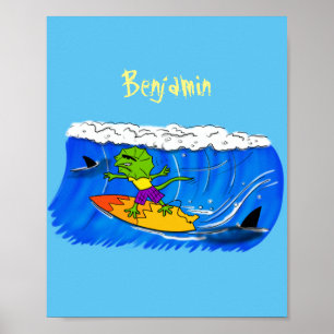 Poster Drôle caricature de surf de lézard au cou