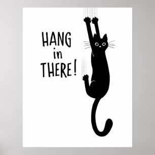 Poster Drôle Chat Noir Accroché - Accrochez-vous là !