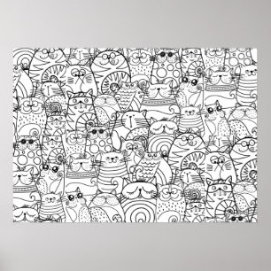 Poster Drôle Chats mignonnes Doodle Relaxant Party Colora